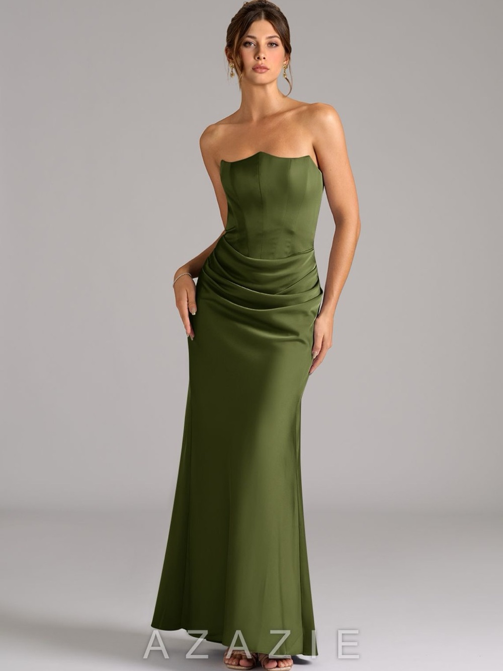 Azazie Olive Green Strapless Satin Evening Gown